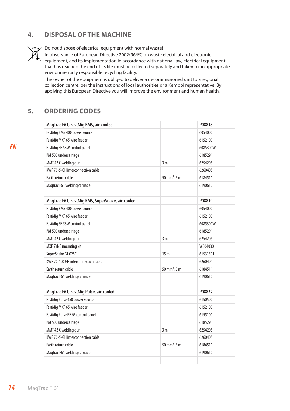 Disposal of the machine, Ordering codes | Kemppi MagTrac F 61 User Manual | Page 16 / 20