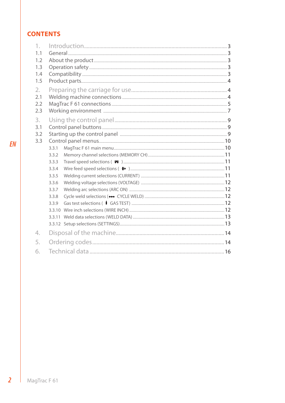 Contents 1. introduction, Preparing the carriage for use, Using the control panel | Disposal of the machine, Ordering codes, Technical data | Kemppi MagTrac F 61 User Manual | Page 4 / 20