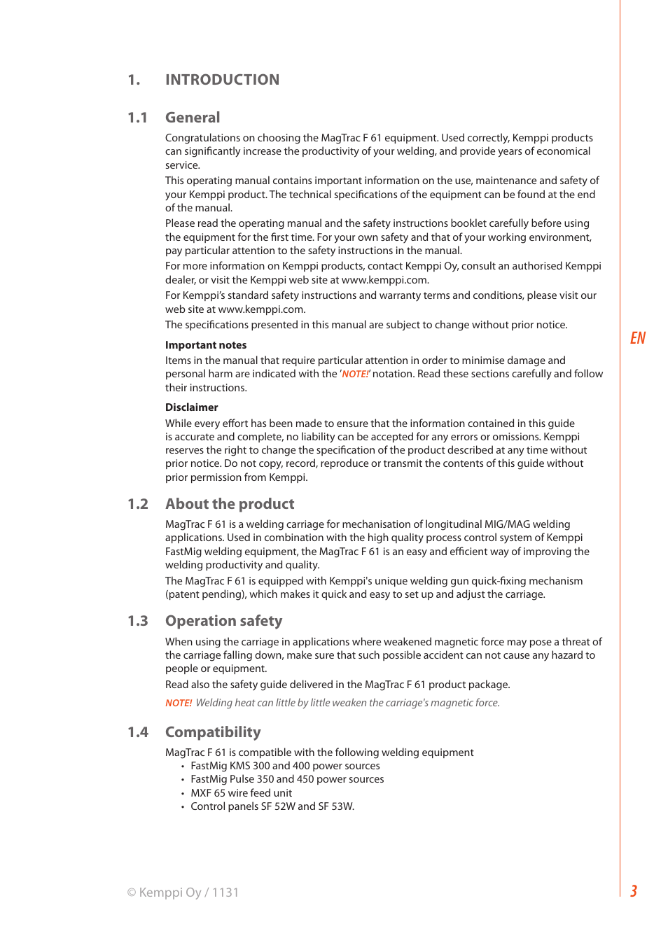 Introduction 1.1 general, 2 about the product, 3 operation safety | 4 compatibility | Kemppi MagTrac F 61 User Manual | Page 5 / 20