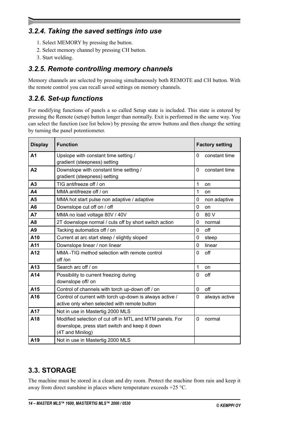 Aktivering av innstillinger som er lagret, Fjernkontrollering av minnekanalene, Oppsett funksjoner | Oppbevaring, Taking the saved settings into use, Remote controlling memory channels, Set-up functions, Storage | Kemppi MLS 1600 User Manual | Page 14 / 19