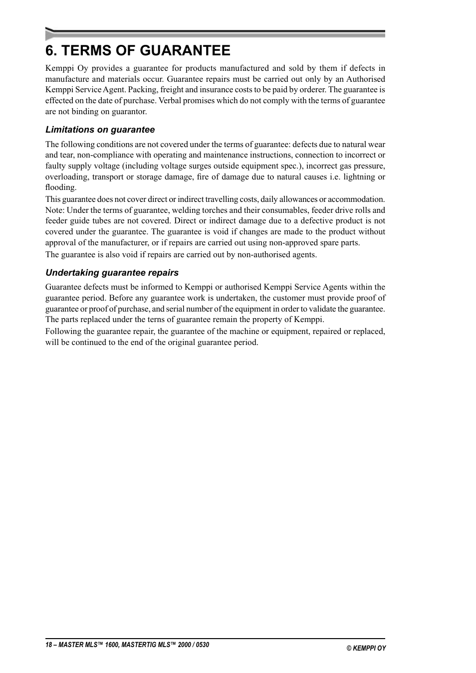Garantivilkår, Terms of guarantee | Kemppi MLS 1600 User Manual | Page 18 / 19