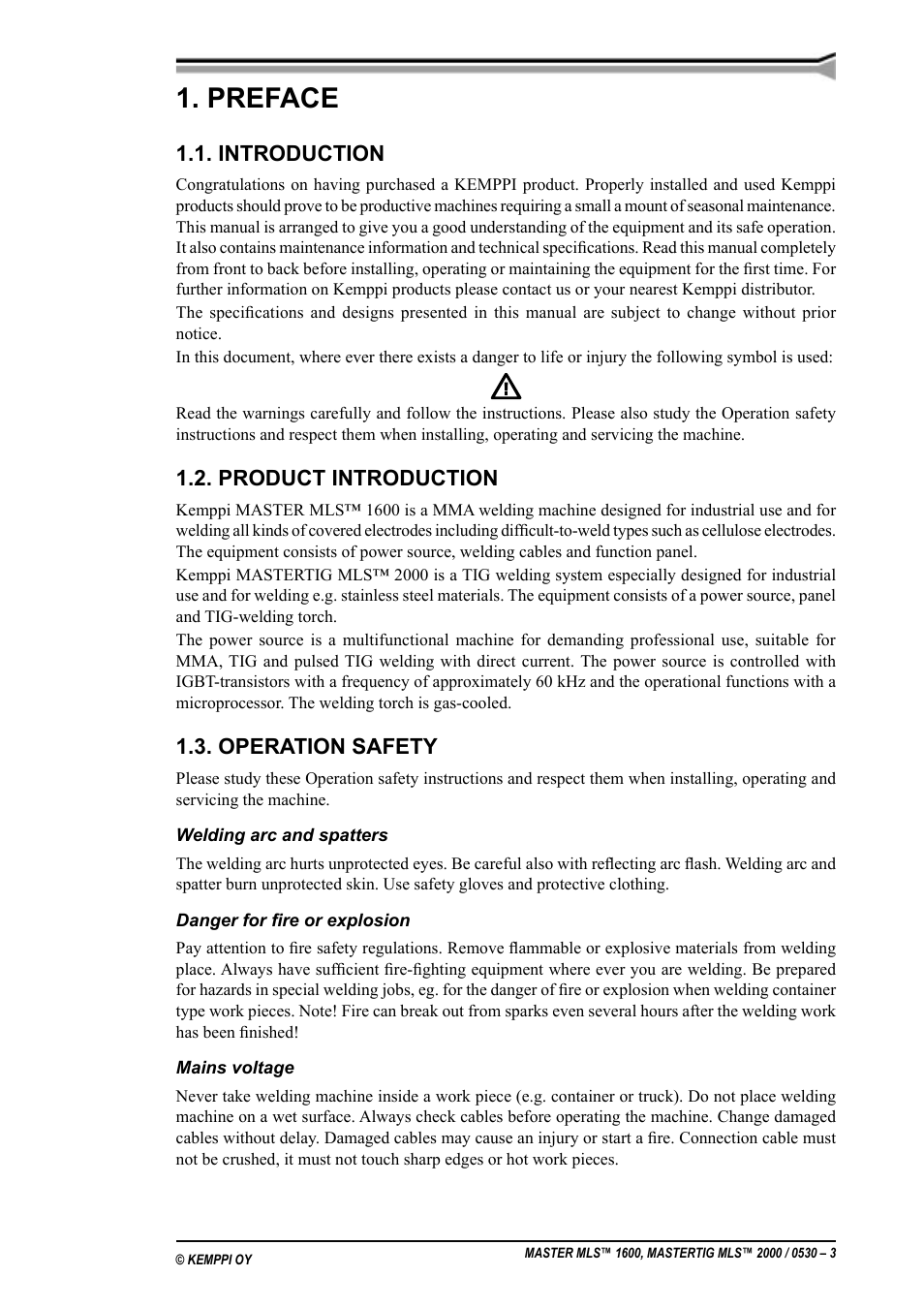 Forord, Introduksjon, Produktbeskrivelse | Driftssikkerhet, Preface 1.1. introduction, Product introduction, Operation safety, Preface, Introduction | Kemppi MLS 1600 User Manual | Page 3 / 19