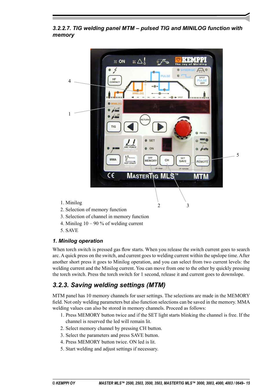 Saving welding settings (mtm) | Kemppi MLS 2500 User Manual | Page 15 / 27