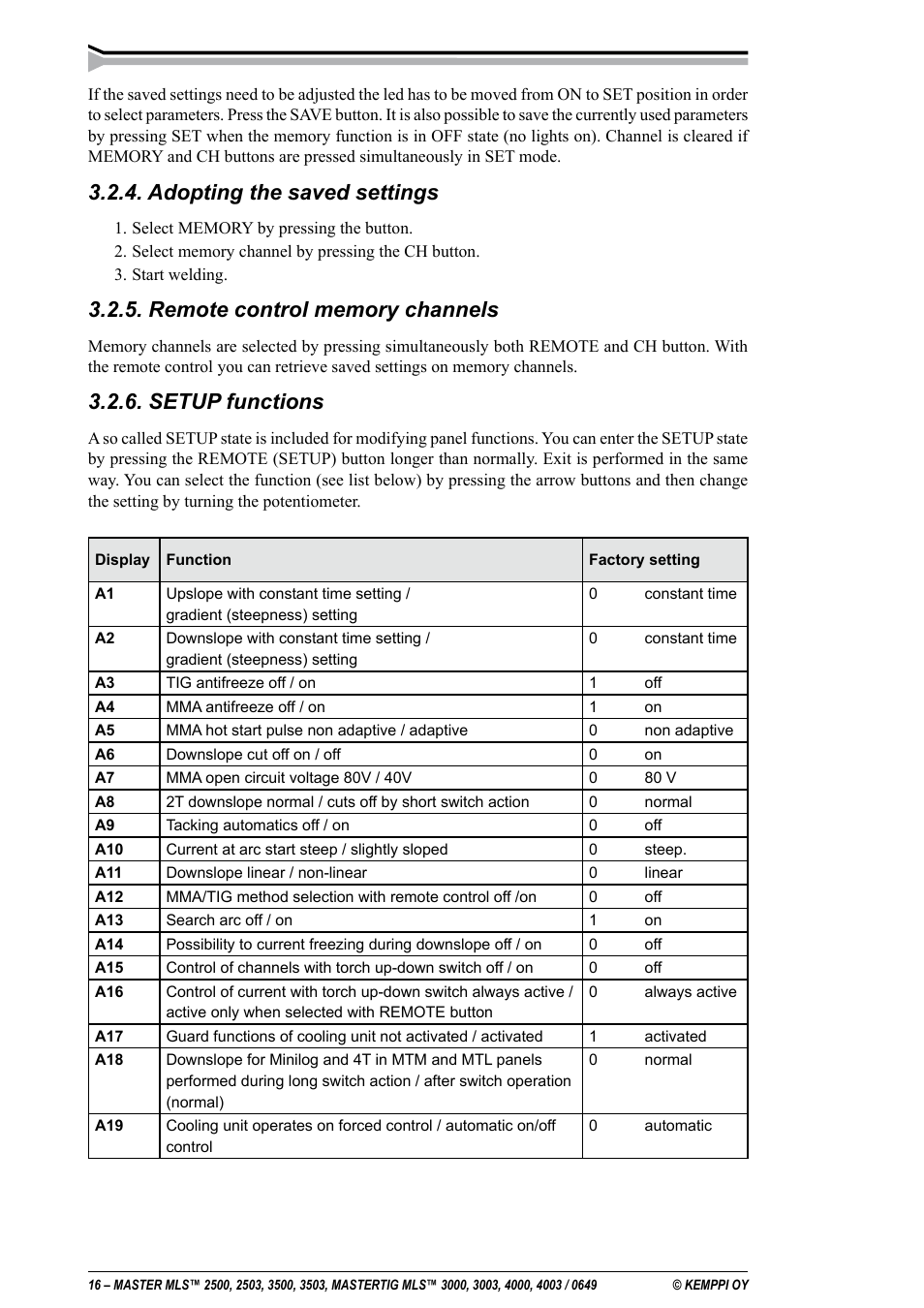Adopting the saved settings, Setup functions | Kemppi MLS 2500 User Manual | Page 16 / 27
