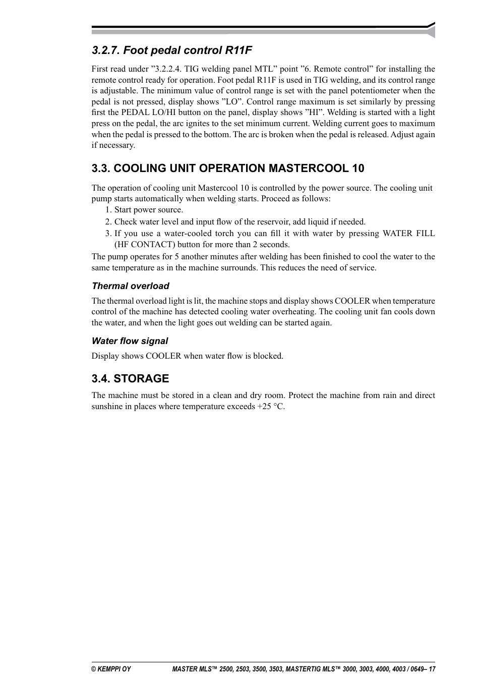 Foot pedal control r11f, Cooling unit operation mastercool 10, Storage | Kemppi MLS 2500 User Manual | Page 17 / 27