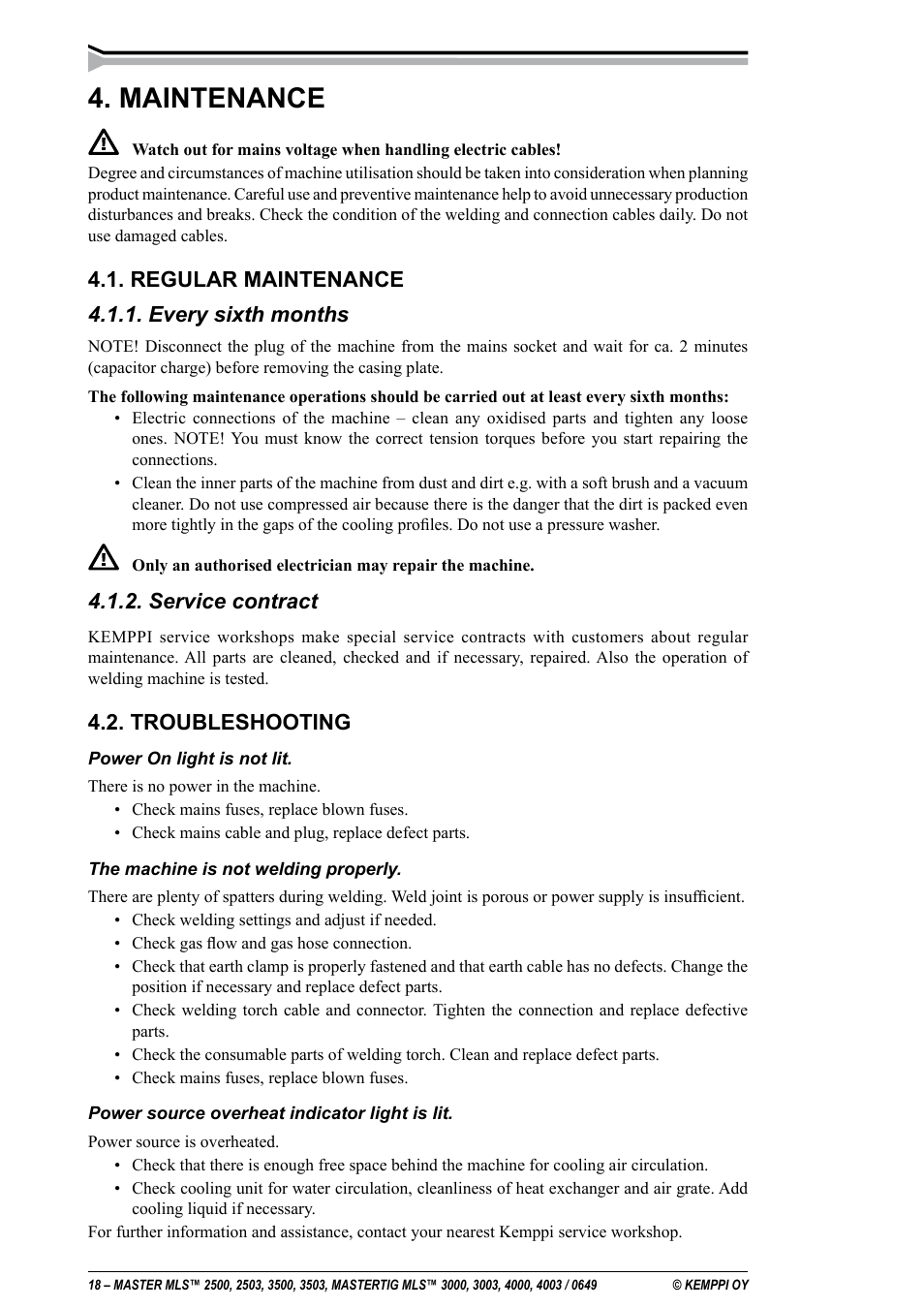 Maintenance, Regular maintenance 4.1.1. every sixth months, Service contract | Troubleshooting | Kemppi MLS 2500 User Manual | Page 18 / 27