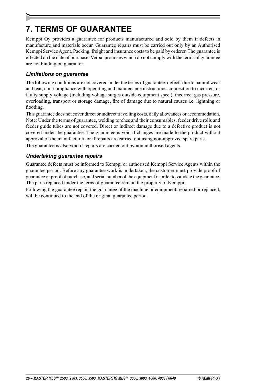 Terms of guarantee | Kemppi MLS 2500 User Manual | Page 26 / 27