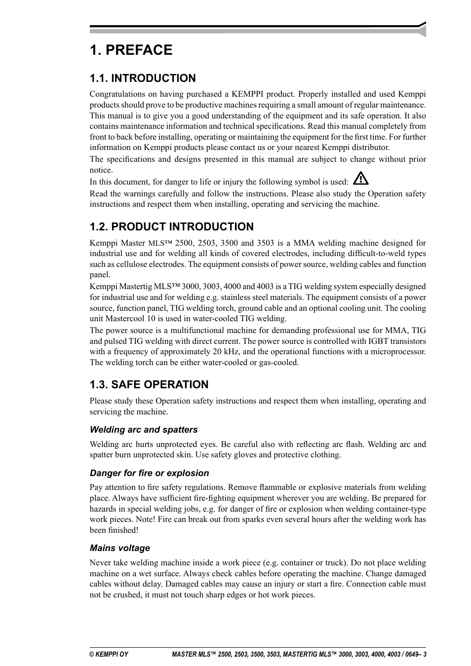 Preface, Introduction, Product introduction | Safe operation | Kemppi MLS 2500 User Manual | Page 3 / 27