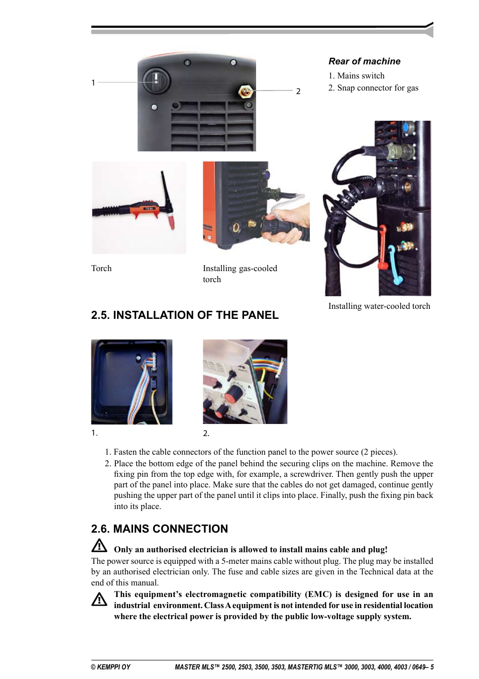 Installation of the panel, Mains connection | Kemppi MLS 2500 User Manual | Page 5 / 27