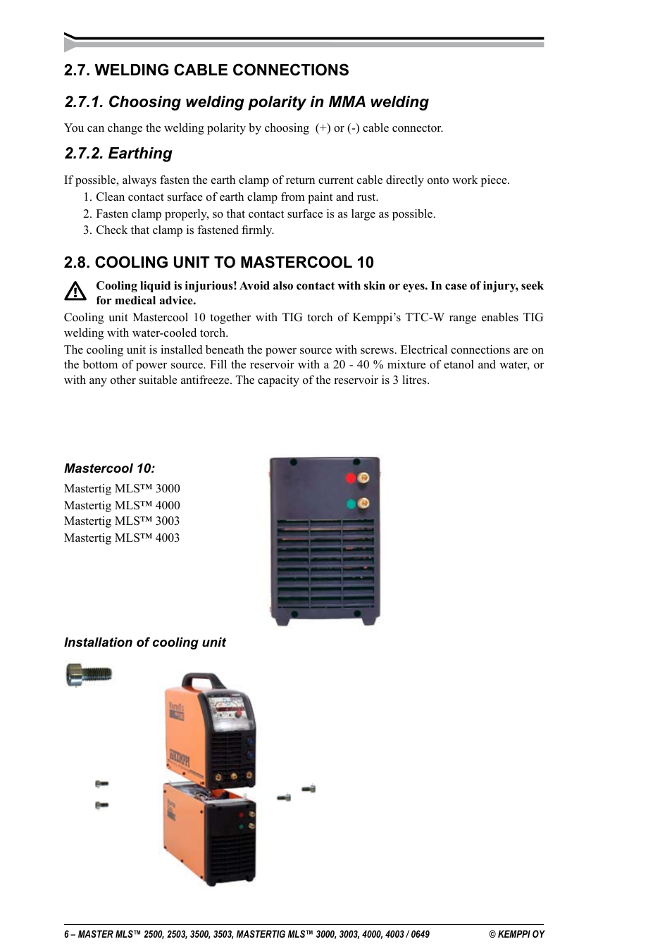 Earthing, Cooling unit to mastercool 10 | Kemppi MLS 2500 User Manual | Page 6 / 27