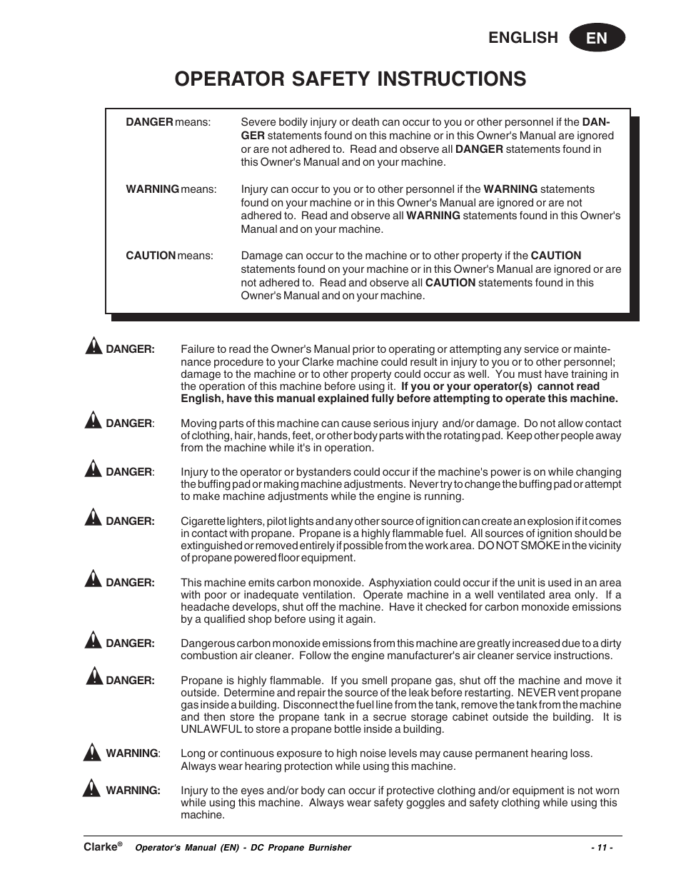 Operator safety instructions, En english | Clarke Propane Floor Burnisher User Manual | Page 11 / 68