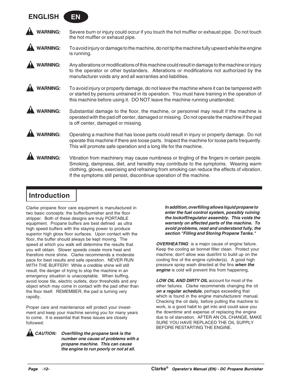 En english, Introduction | Clarke Propane Floor Burnisher User Manual | Page 12 / 68