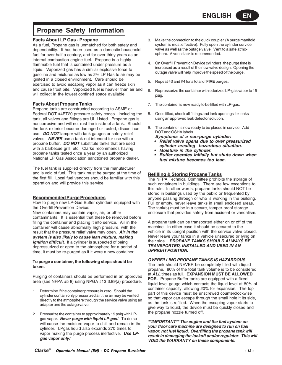 En english, Propane safety information | Clarke Propane Floor Burnisher User Manual | Page 13 / 68