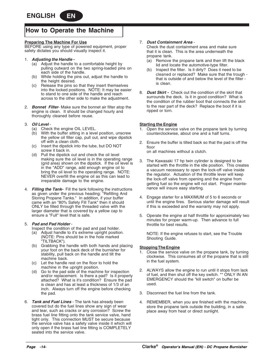 En english, How to operate the machine | Clarke Propane Floor Burnisher User Manual | Page 14 / 68