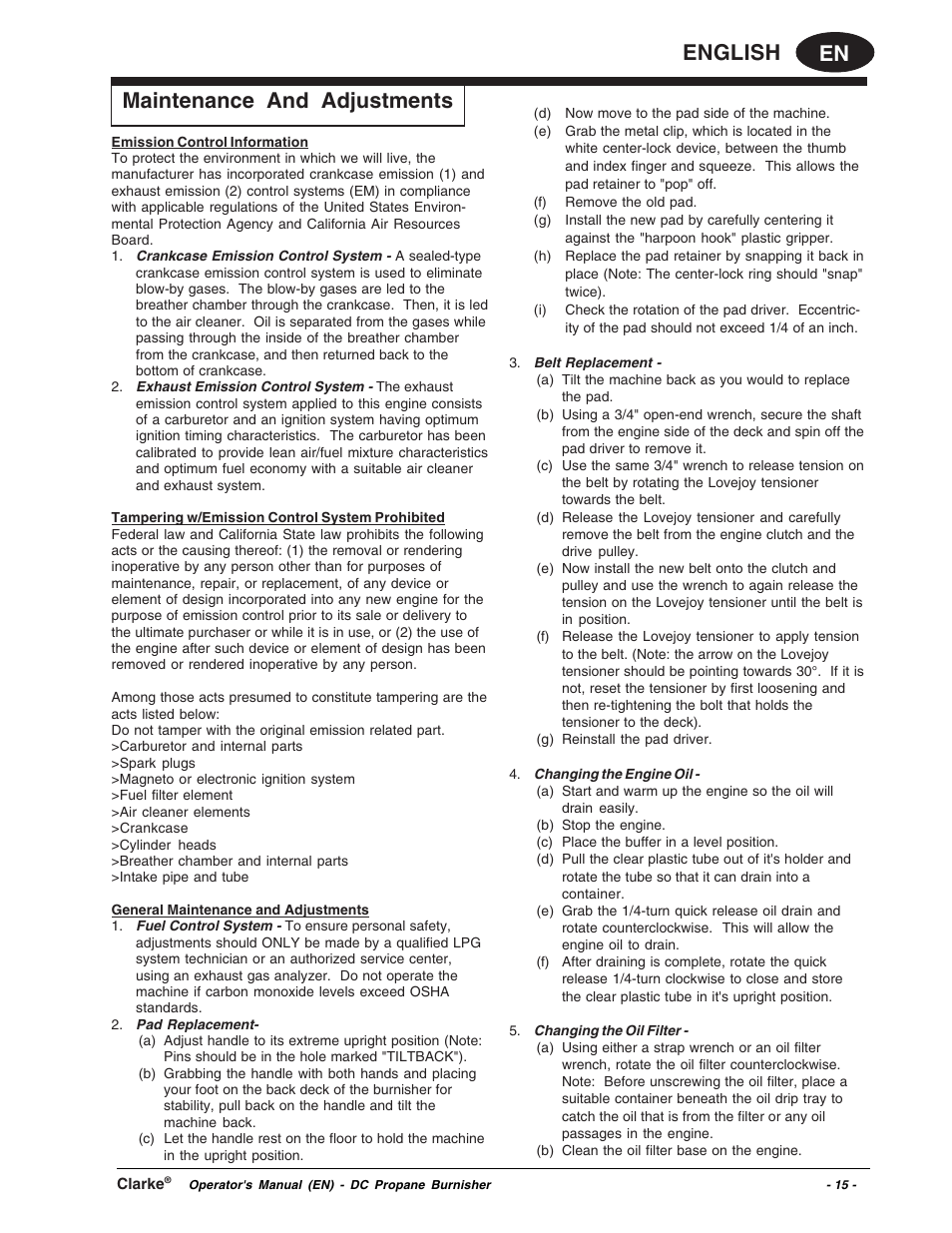 En english, Maintenance and adjustments | Clarke Propane Floor Burnisher User Manual | Page 15 / 68
