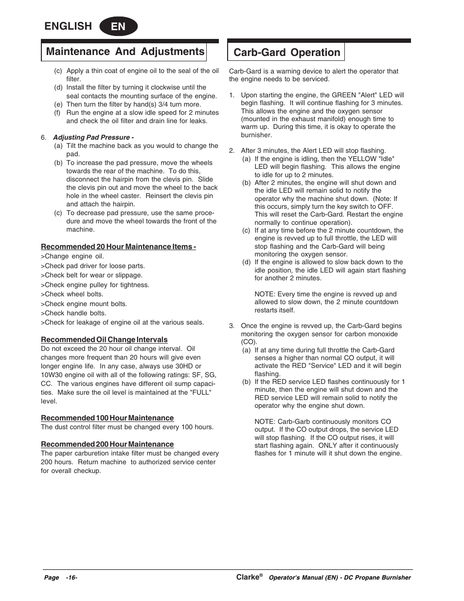 En english, Maintenance and adjustments, Carb-gard operation | Clarke Propane Floor Burnisher User Manual | Page 16 / 68