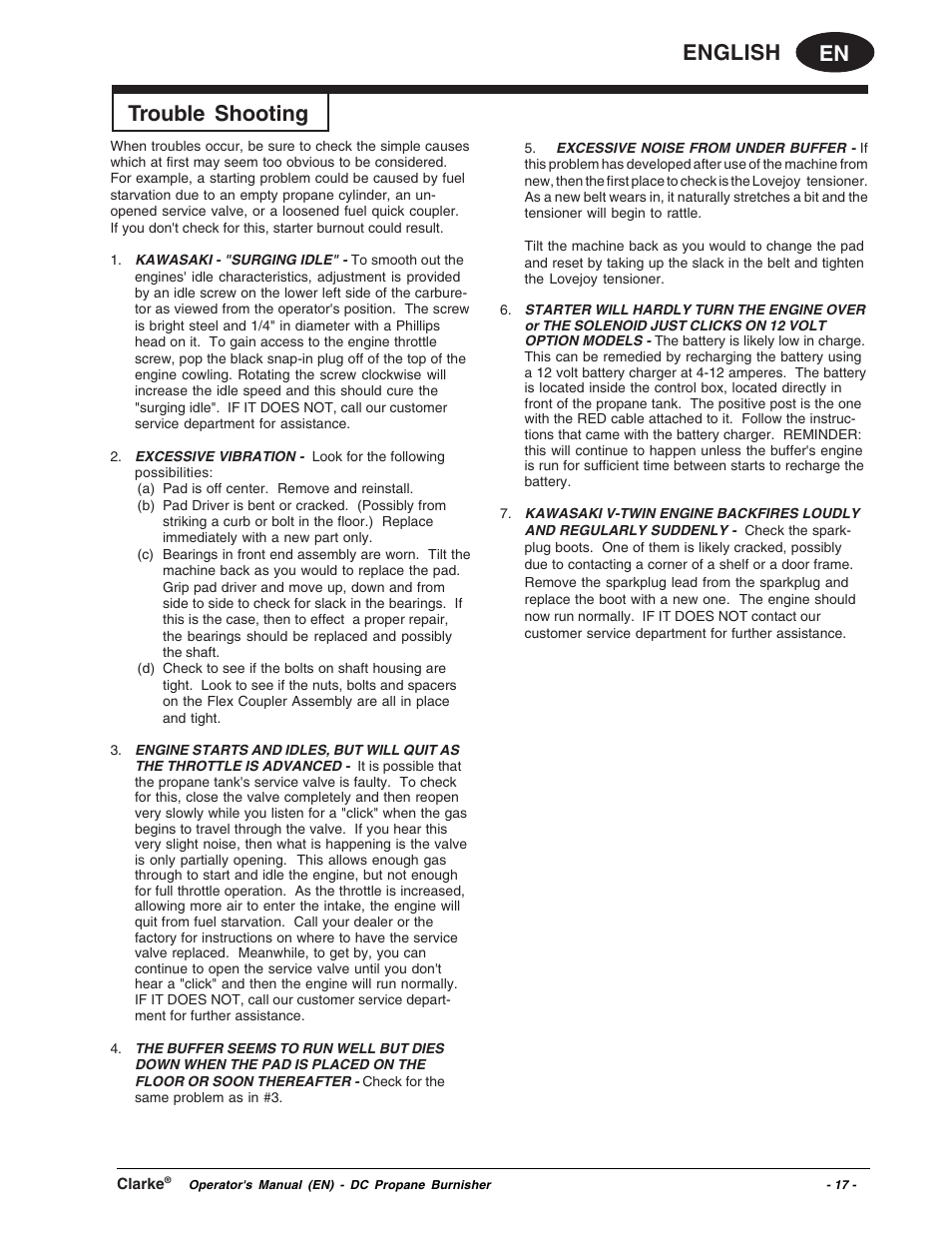 En english, Trouble shooting | Clarke Propane Floor Burnisher User Manual | Page 17 / 68
