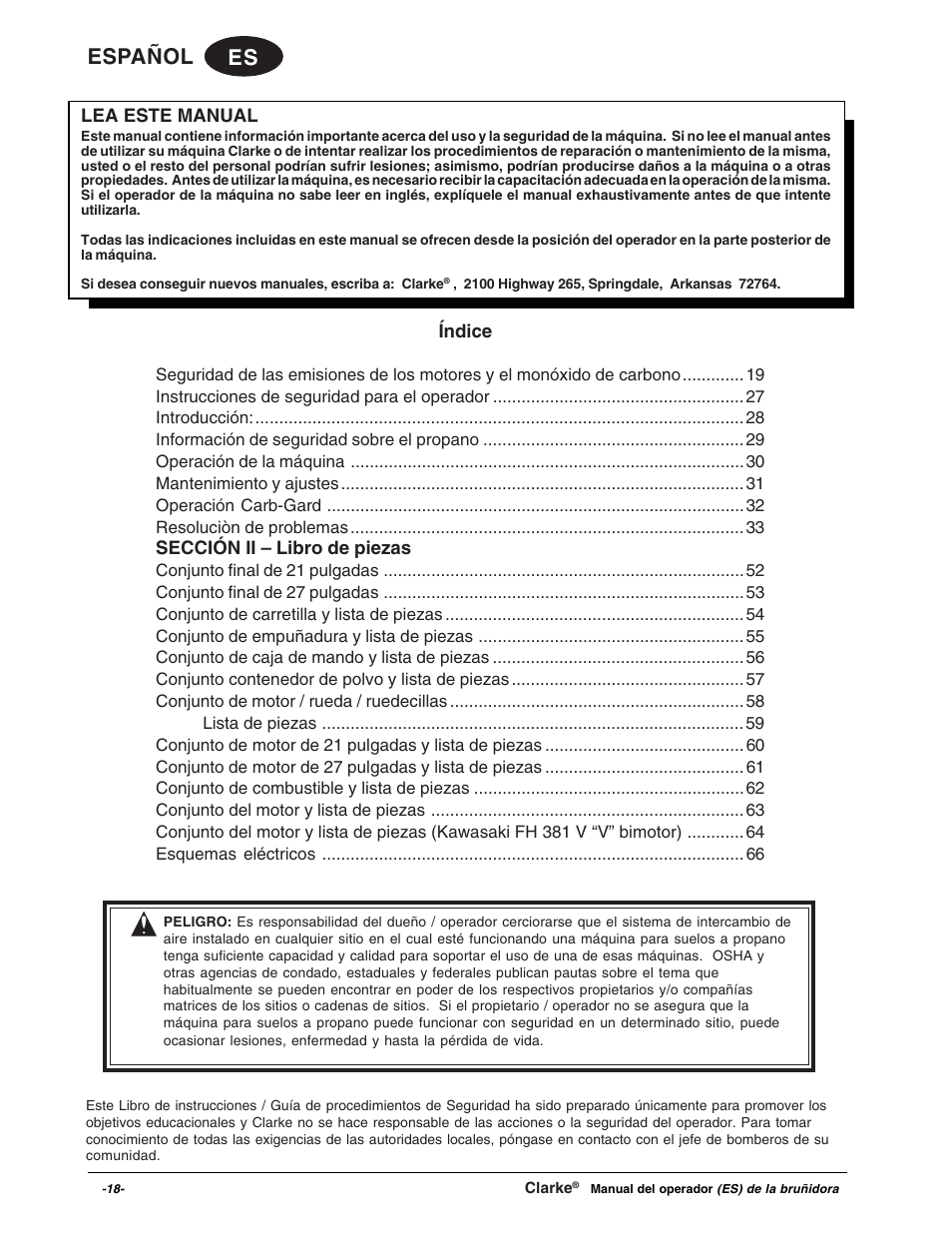 Es español | Clarke Propane Floor Burnisher User Manual | Page 18 / 68