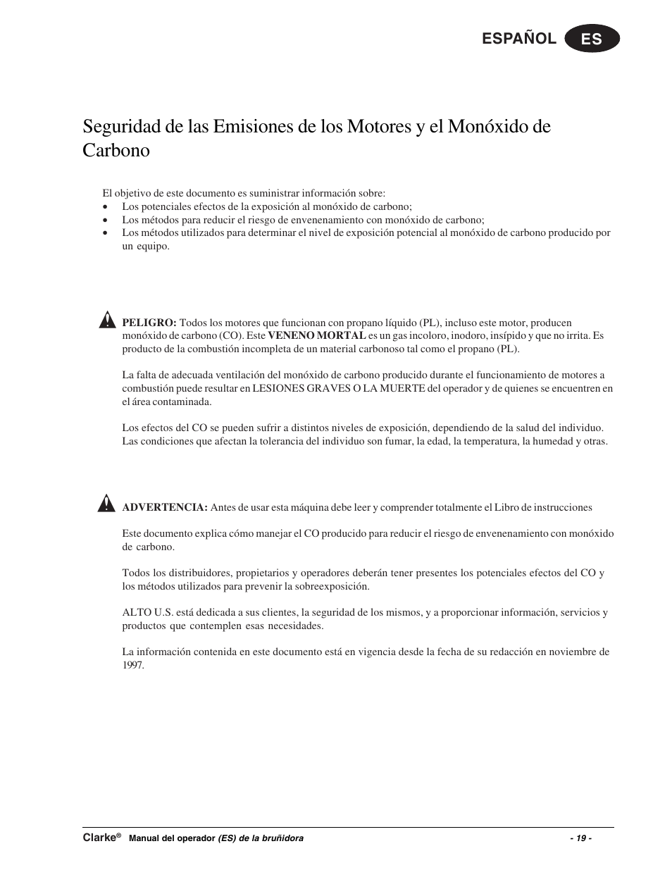 Es español | Clarke Propane Floor Burnisher User Manual | Page 19 / 68