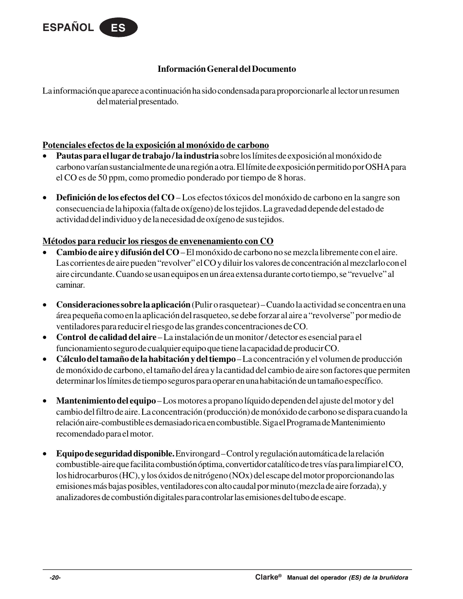 Es español | Clarke Propane Floor Burnisher User Manual | Page 20 / 68