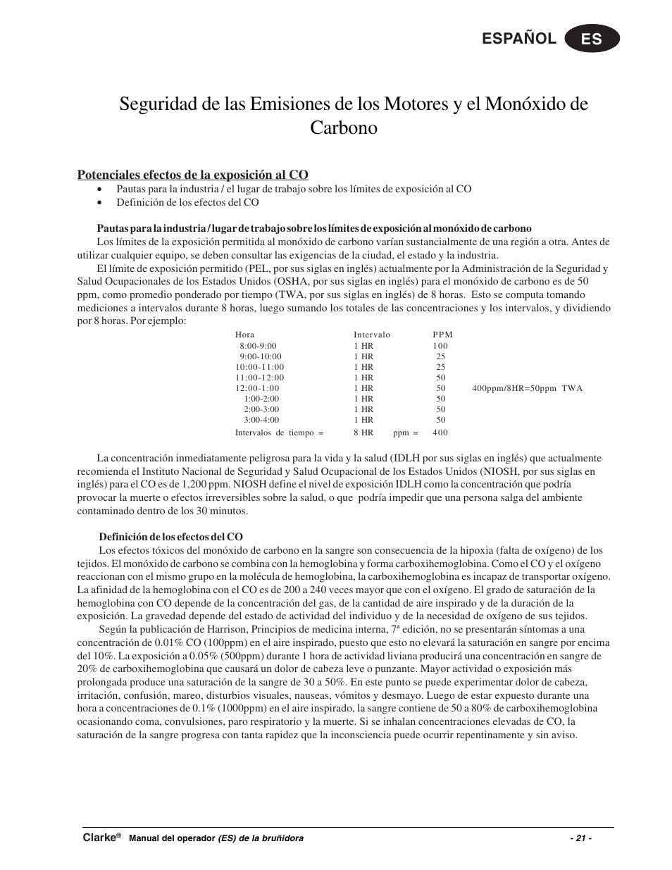 Es español, Potenciales efectos de la exposición al co | Clarke Propane Floor Burnisher User Manual | Page 21 / 68