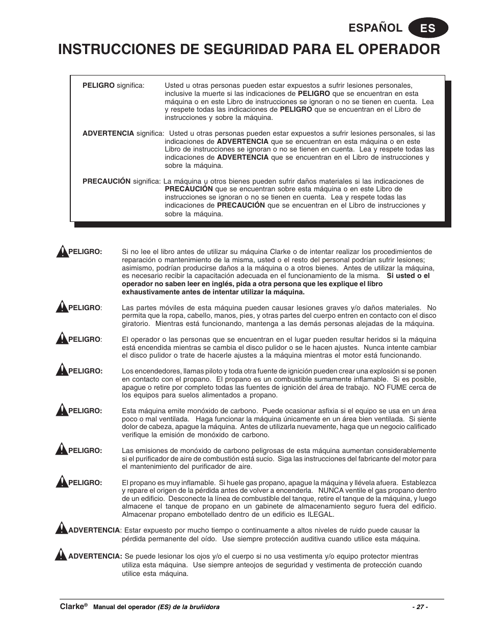 Instrucciones de seguridad para el operador, Es español | Clarke Propane Floor Burnisher User Manual | Page 27 / 68