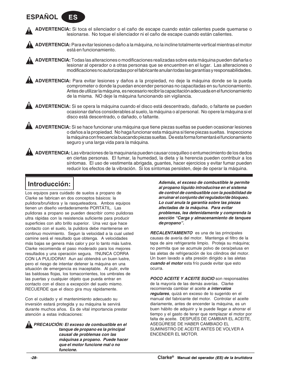 Es español introducción | Clarke Propane Floor Burnisher User Manual | Page 28 / 68