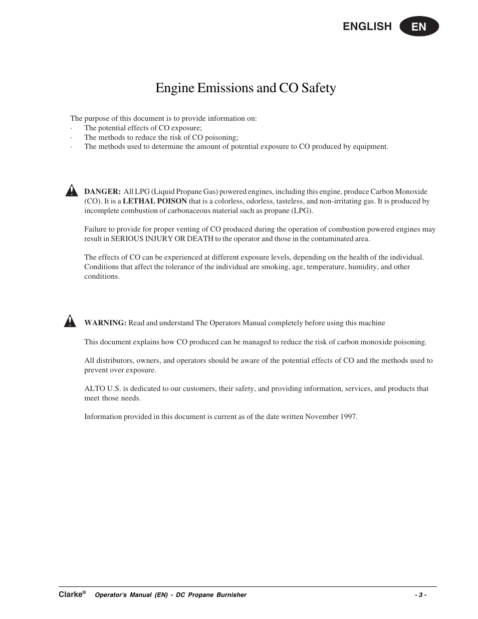 Engine emissions and co safety, En english | Clarke Propane Floor Burnisher User Manual | Page 3 / 68