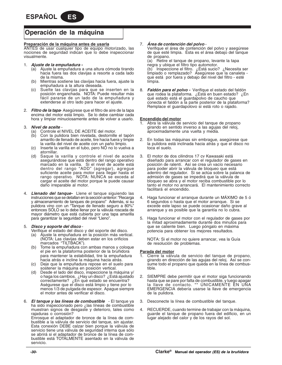 Es español, Operación de la máquina | Clarke Propane Floor Burnisher User Manual | Page 30 / 68