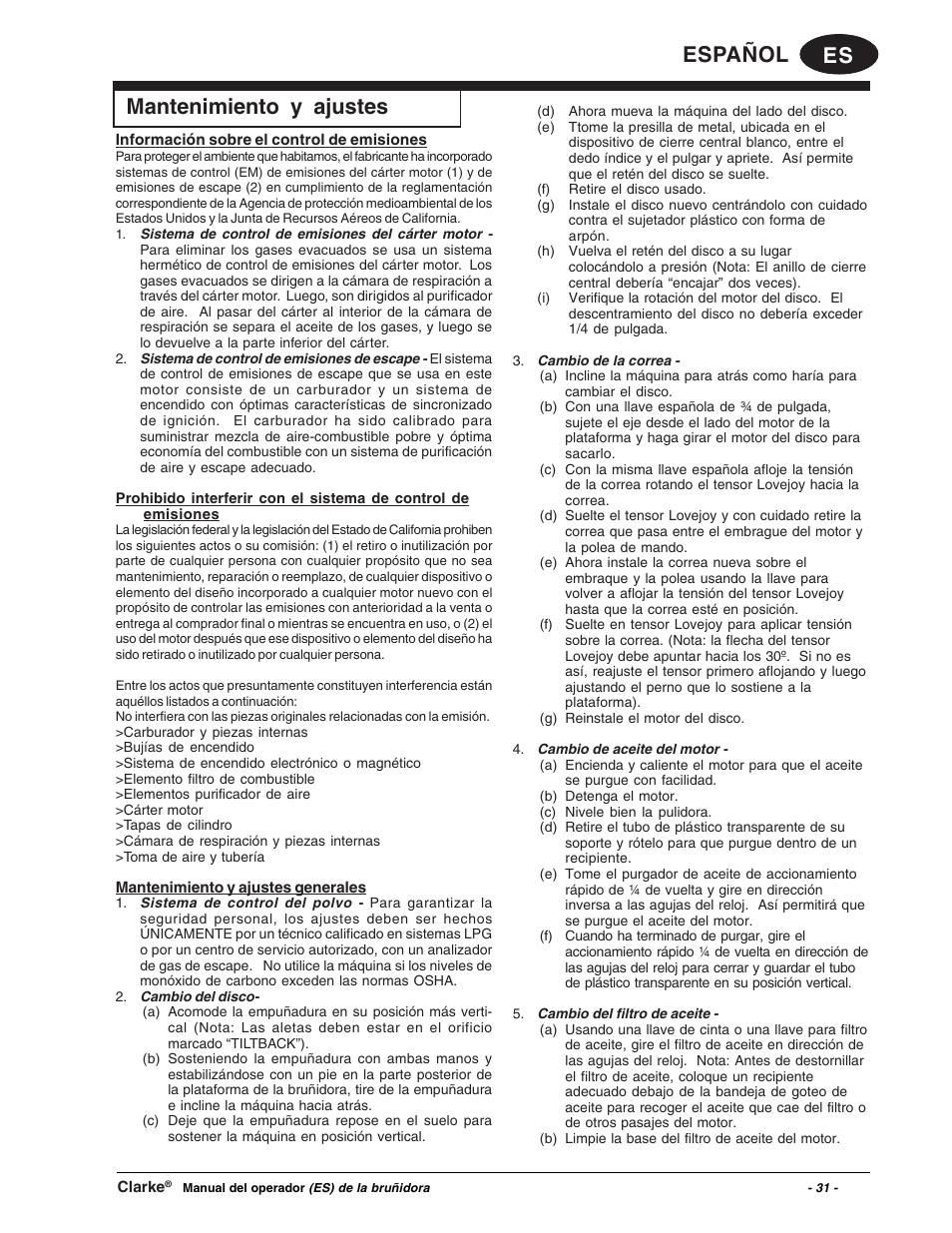 Es español mantenimiento y ajustes | Clarke Propane Floor Burnisher User Manual | Page 31 / 68
