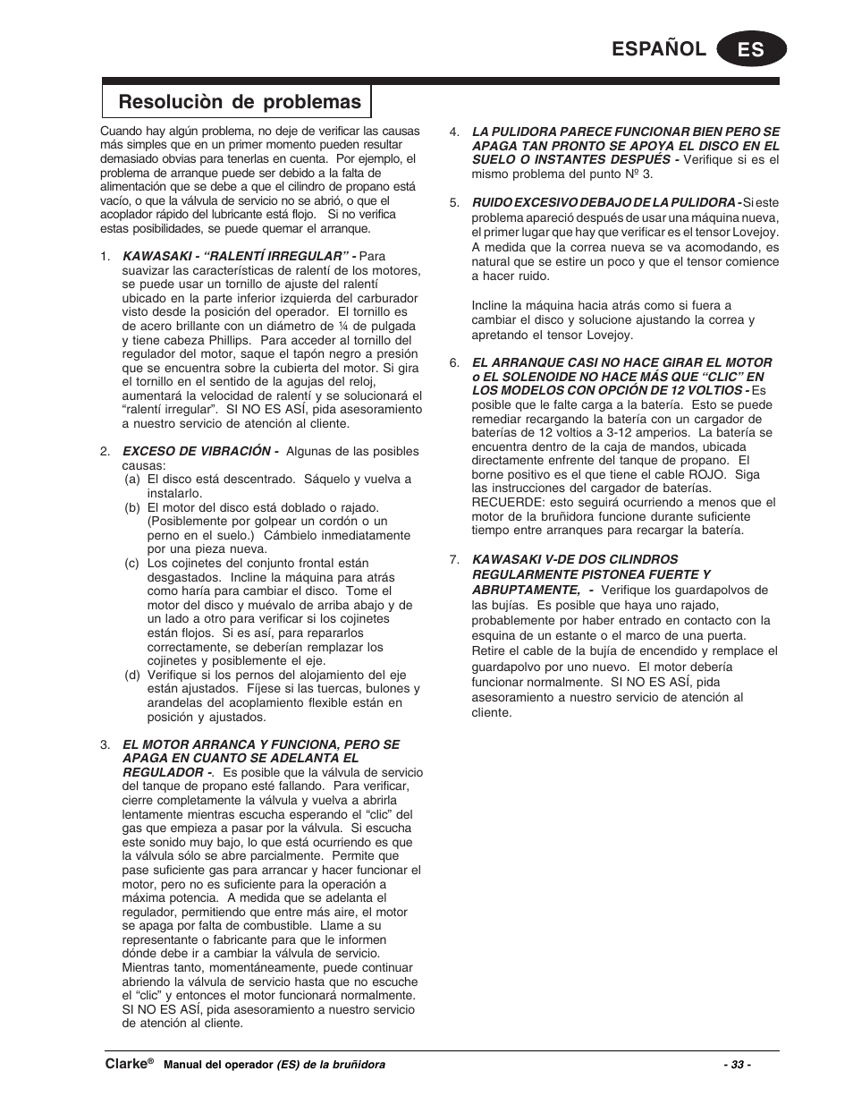 Es español, Resoluciòn de problemas | Clarke Propane Floor Burnisher User Manual | Page 33 / 68