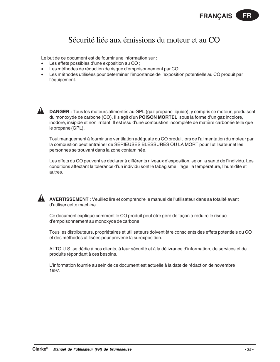 Sécurité liée aux émissions du moteur et au co, Fr français | Clarke Propane Floor Burnisher User Manual | Page 35 / 68
