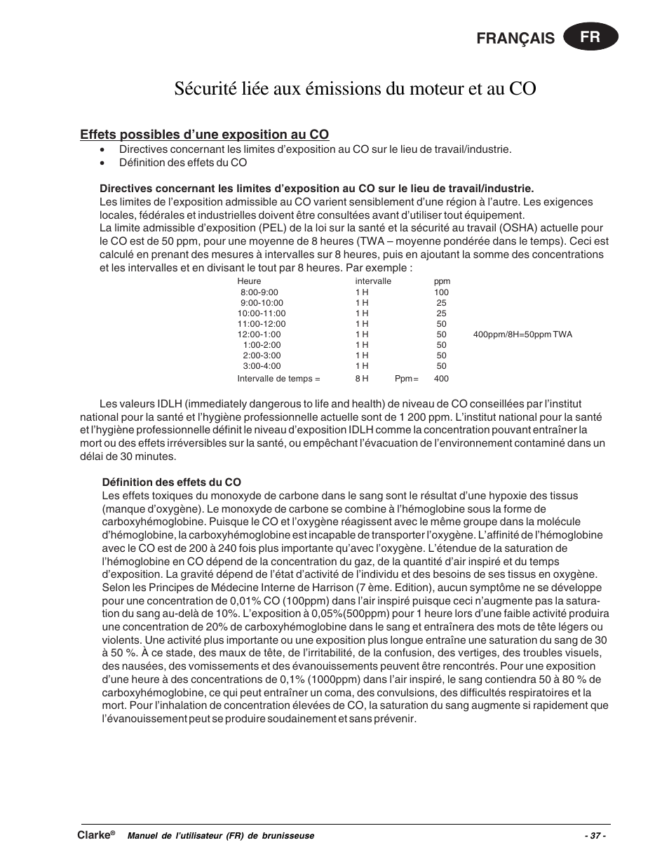 Sécurité liée aux émissions du moteur et au co, Fr français, Effets possibles d’une exposition au co | Clarke Propane Floor Burnisher User Manual | Page 37 / 68