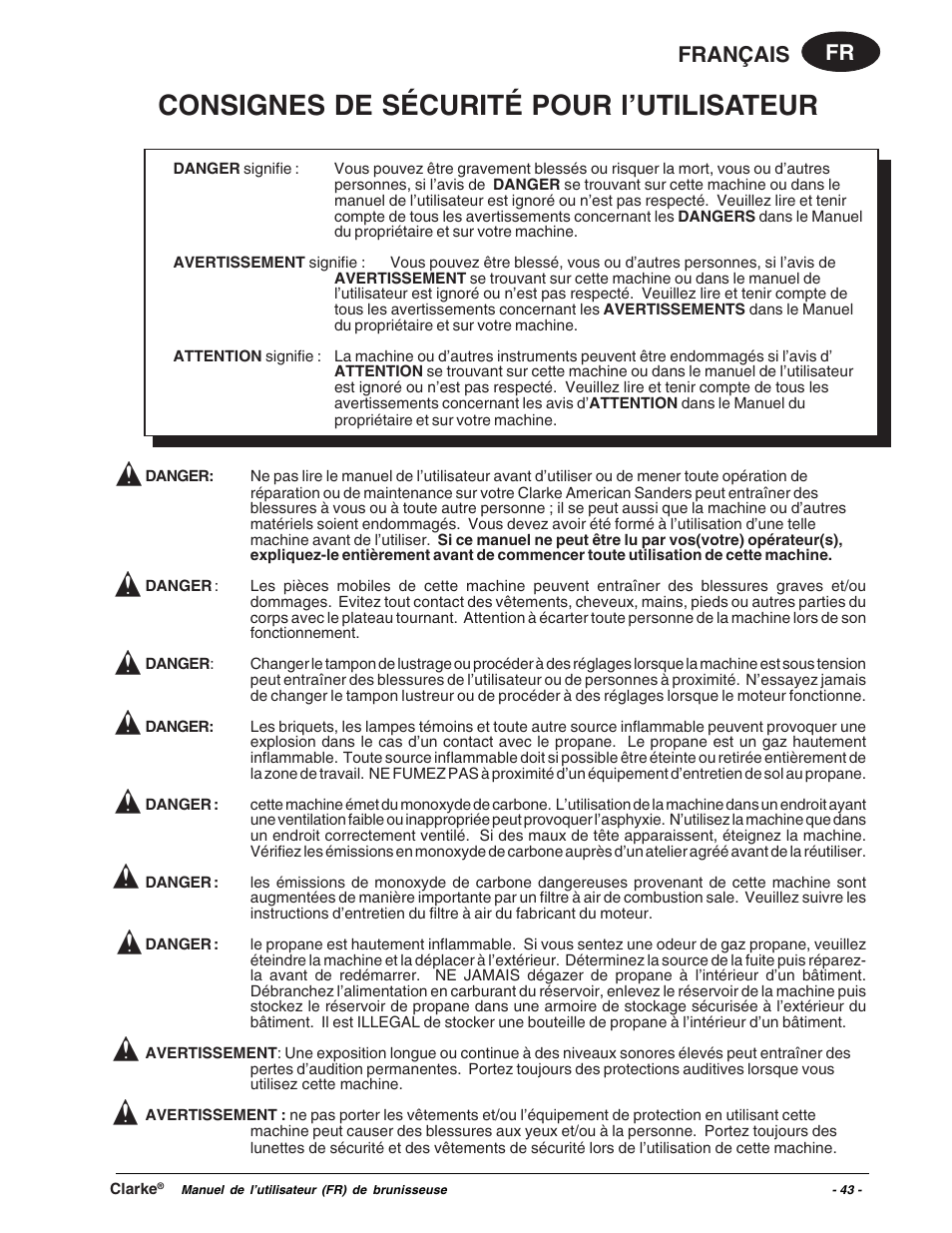 Consignes de sécurité pour l’utilisateur, Fr français | Clarke Propane Floor Burnisher User Manual | Page 43 / 68
