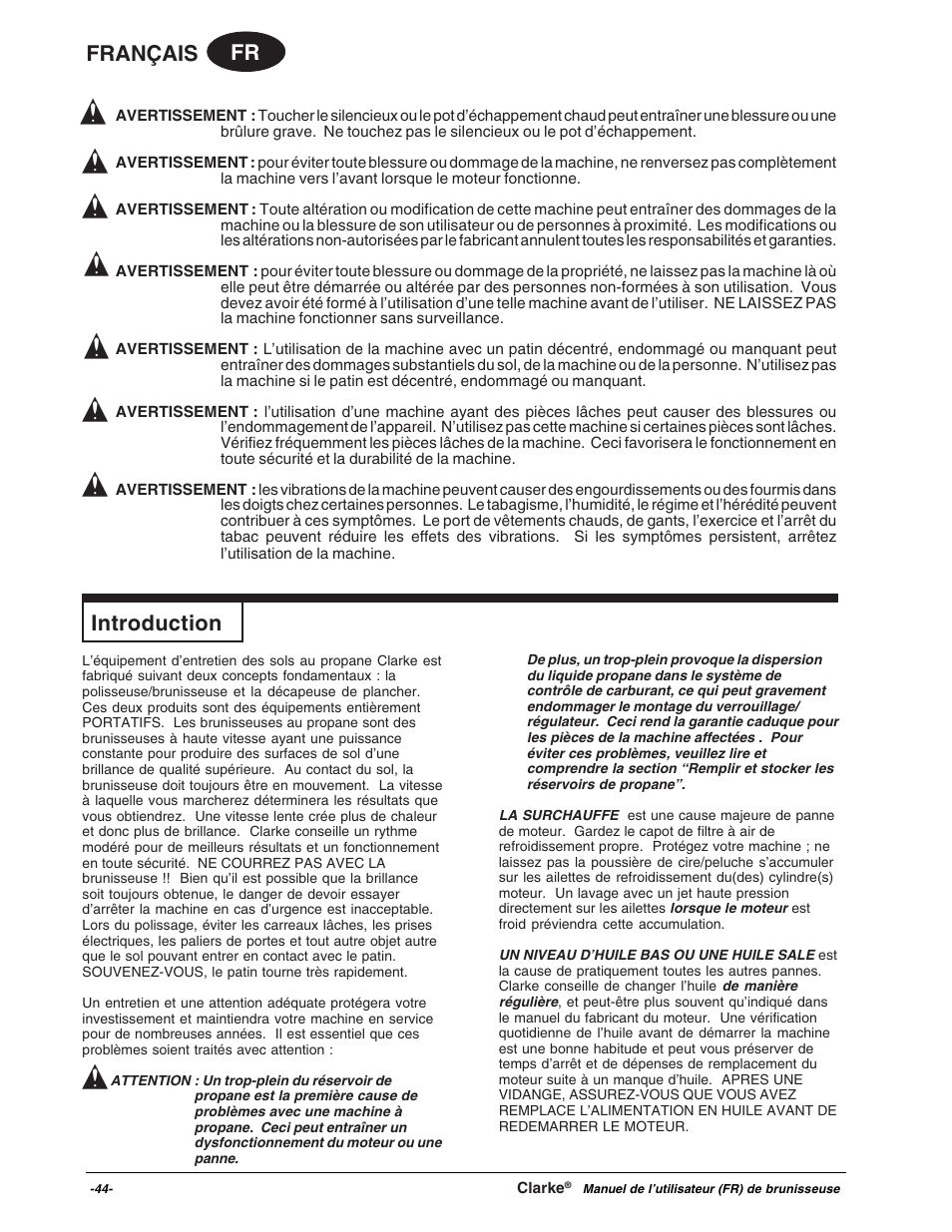 Fr français, Introduction | Clarke Propane Floor Burnisher User Manual | Page 44 / 68