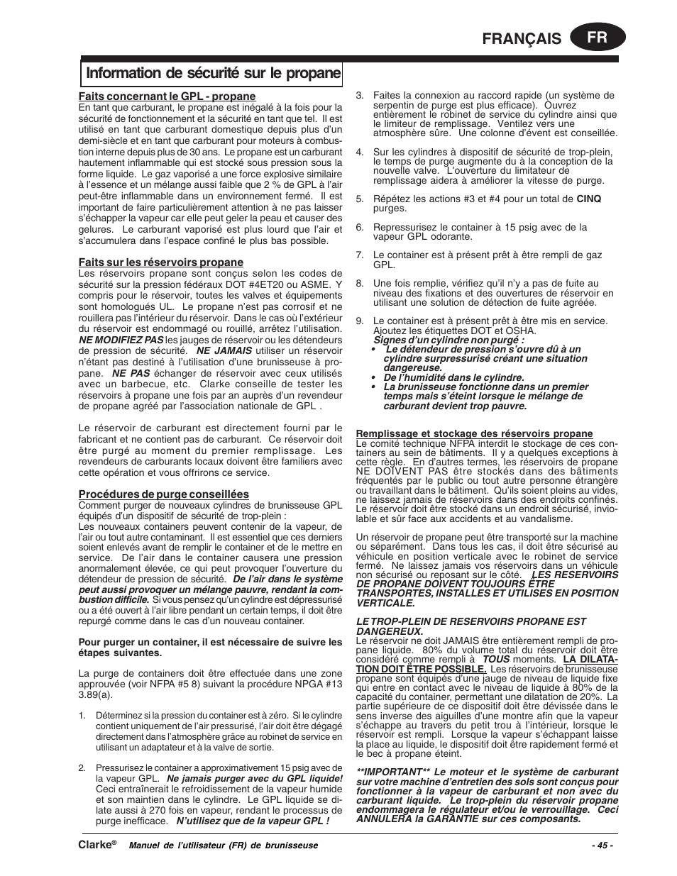Fr français, Information de sécurité sur le propane | Clarke Propane Floor Burnisher User Manual | Page 45 / 68