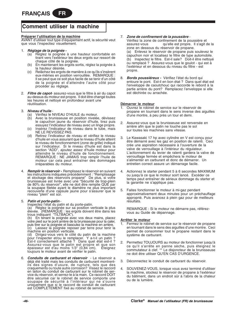 Fr français, Comment utiliser la machine | Clarke Propane Floor Burnisher User Manual | Page 46 / 68