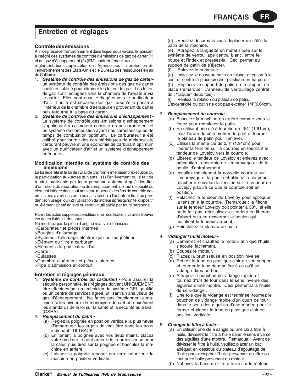 Fr français, Entretien et réglages | Clarke Propane Floor Burnisher User Manual | Page 47 / 68