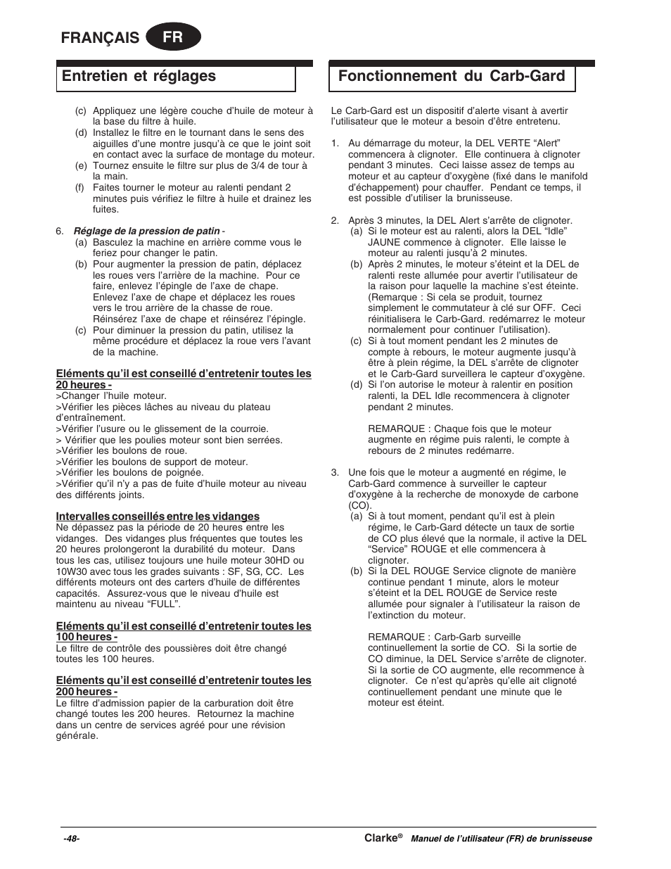 Fr français, Entretien et réglages, Fonctionnement du carb-gard | Clarke Propane Floor Burnisher User Manual | Page 48 / 68