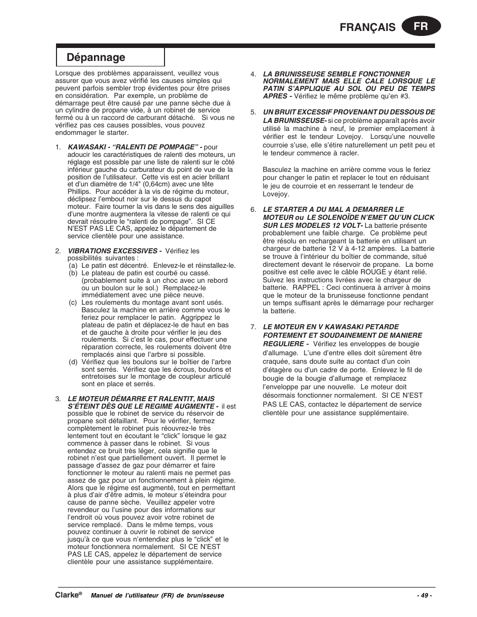 Fr français, Dépannage | Clarke Propane Floor Burnisher User Manual | Page 49 / 68