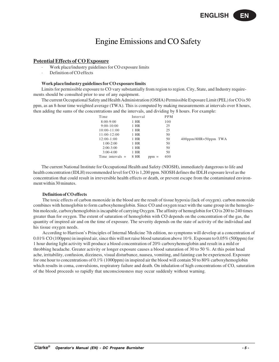 Engine emissions and co safety, En english, Potential effects of co exposure | Clarke Propane Floor Burnisher User Manual | Page 5 / 68