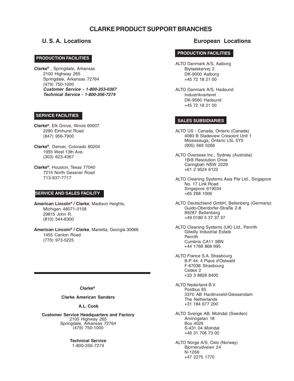 Clarke product support branches, U. s. a. locations european locations | Clarke Propane Floor Burnisher User Manual | Page 67 / 68