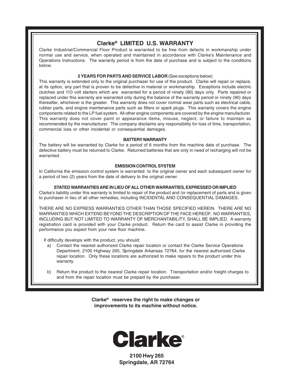 Clarke, Limited u.s. warranty | Clarke Propane Floor Burnisher User Manual | Page 68 / 68