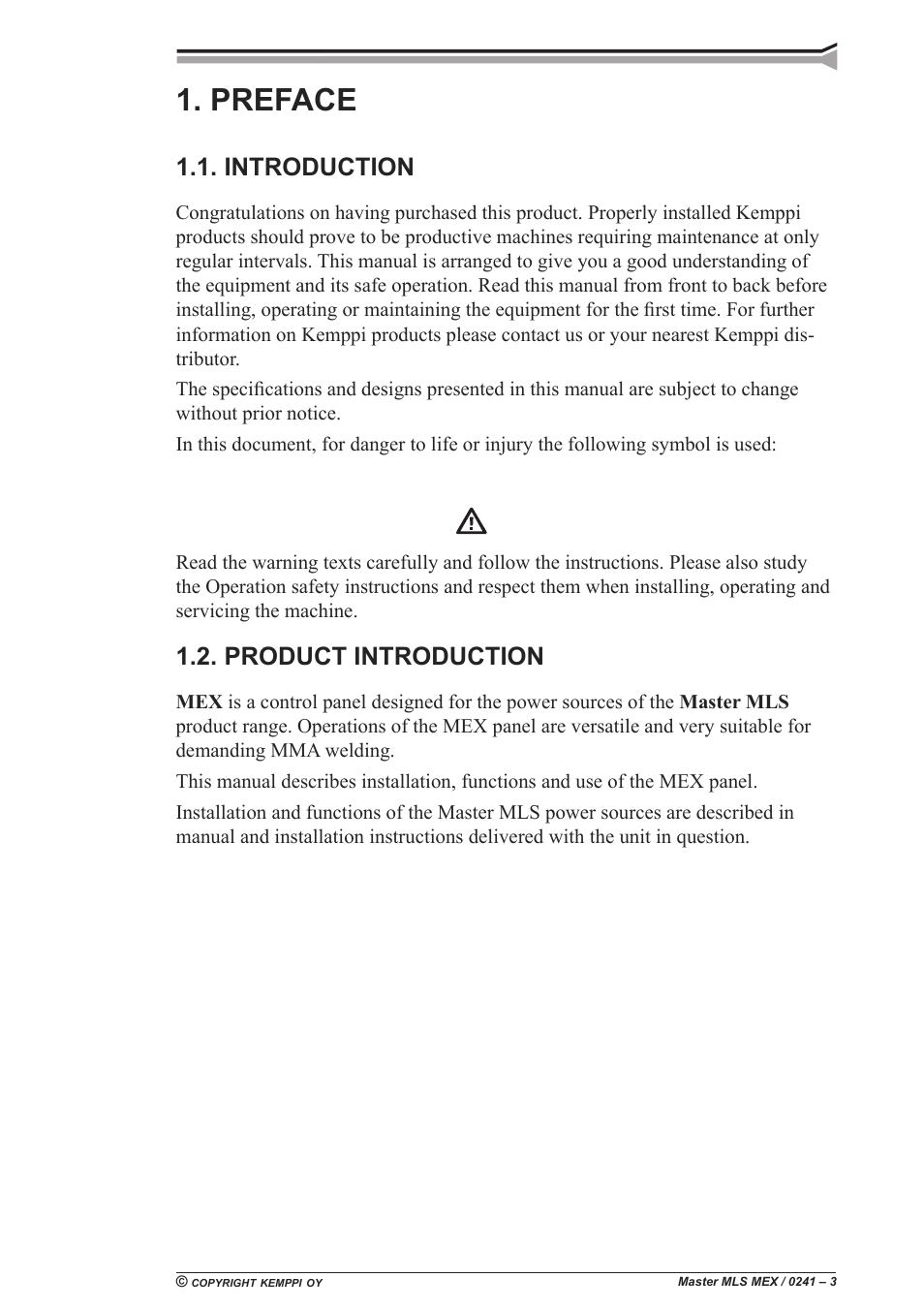 Preface, Introduction, Product introduction | Kemppi Master MLS MEX panel User Manual | Page 3 / 10
