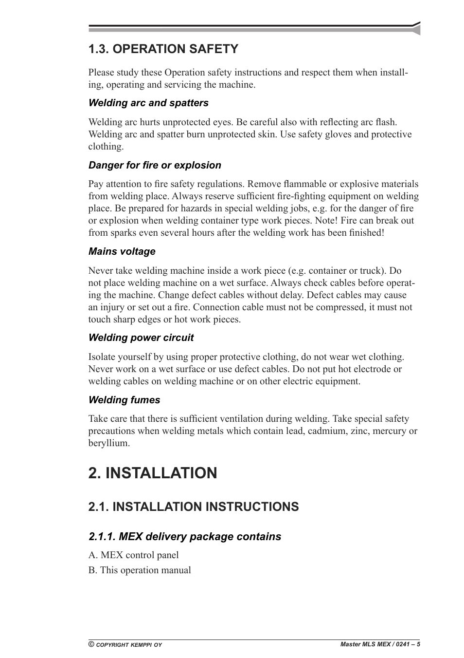 Installation, Operation safety, Installation instructions | Kemppi Master MLS MEX panel User Manual | Page 5 / 10