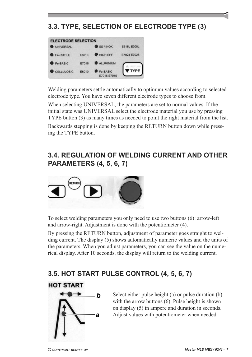 Ab 3.3. type, selection of electrode type (3), Hot start pulse control (4, 5, 6, 7) | Kemppi Master MLS MEX panel User Manual | Page 7 / 10