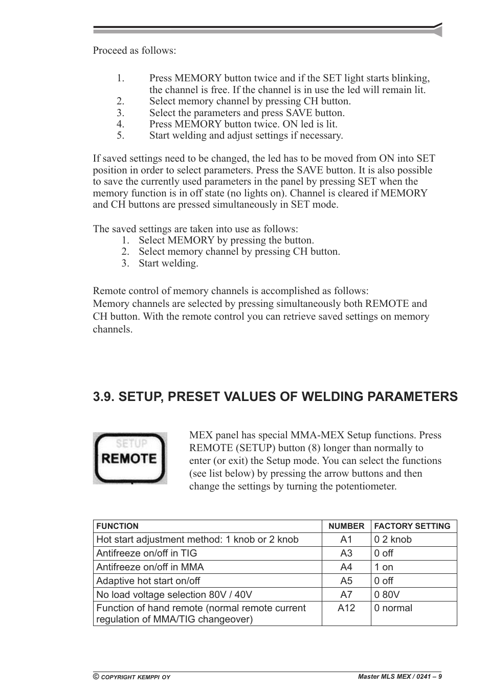 Setup, preset values of welding parameters | Kemppi Master MLS MEX panel User Manual | Page 9 / 10