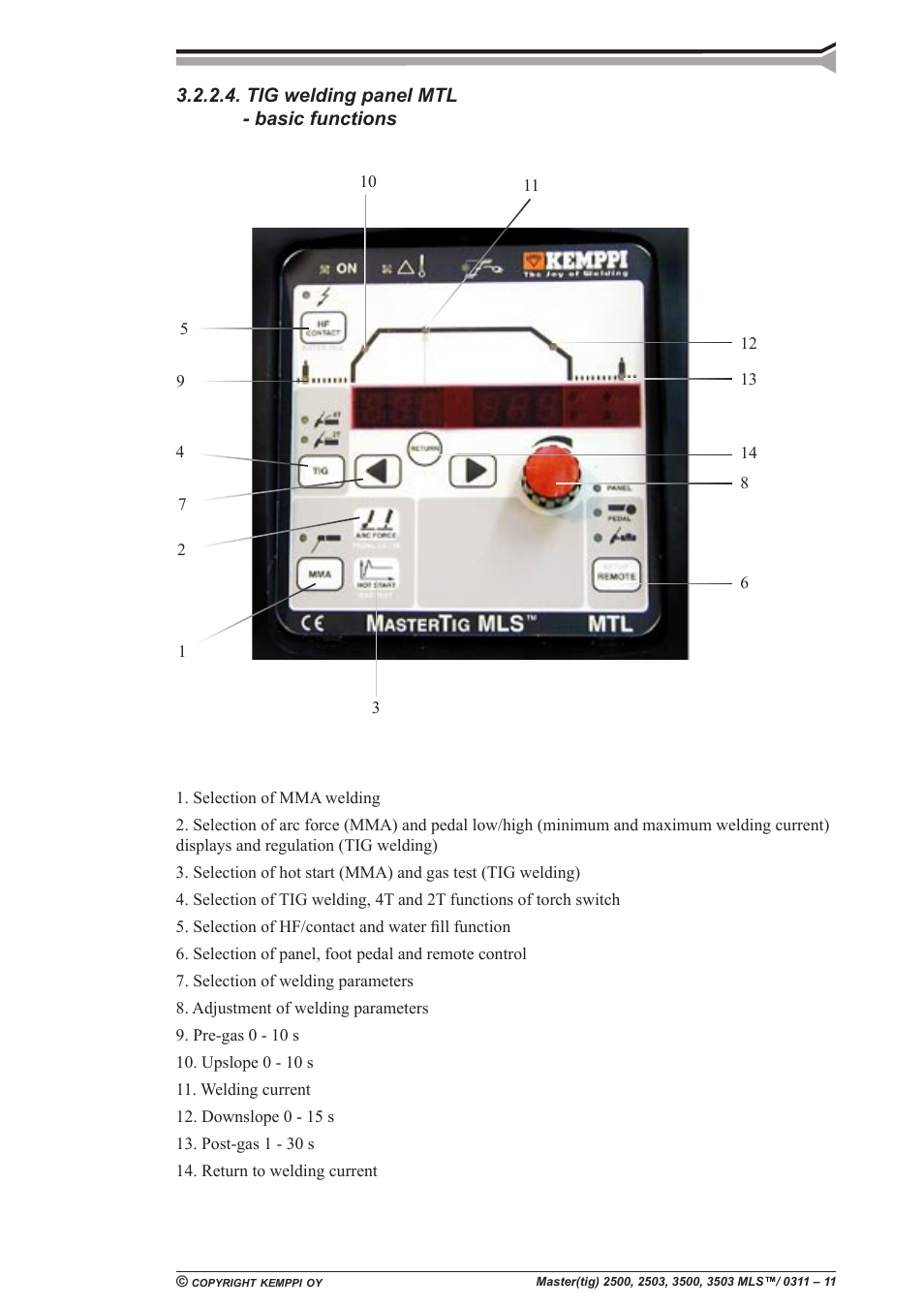 Tig welding panel mtl - basic functions | Kemppi Mastercool 12 User Manual | Page 11 / 23