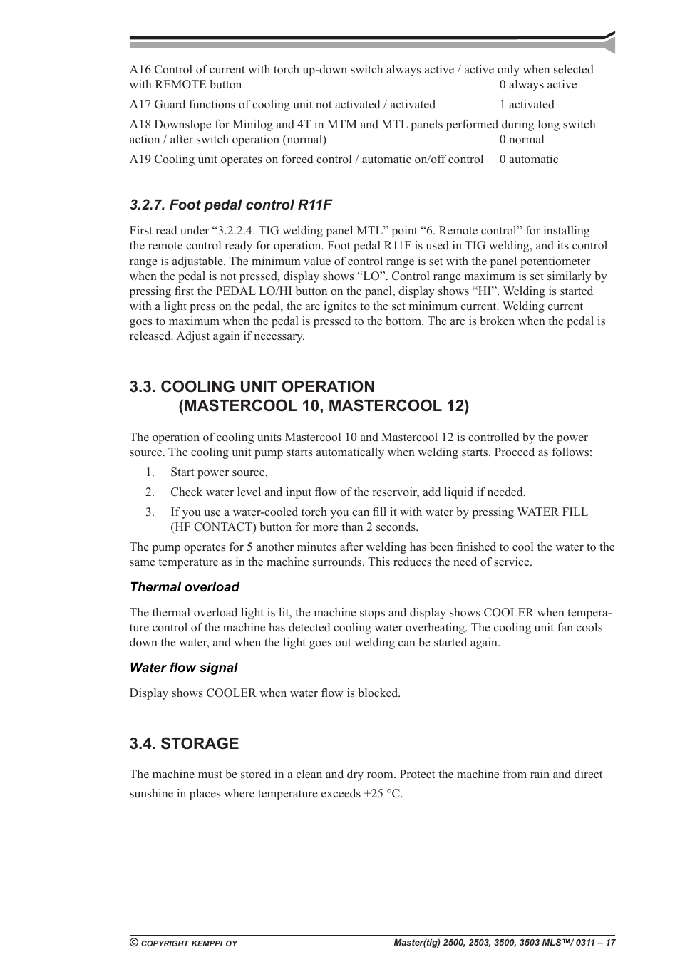 Storage, Foot pedal control r11f | Kemppi Mastercool 12 User Manual | Page 17 / 23
