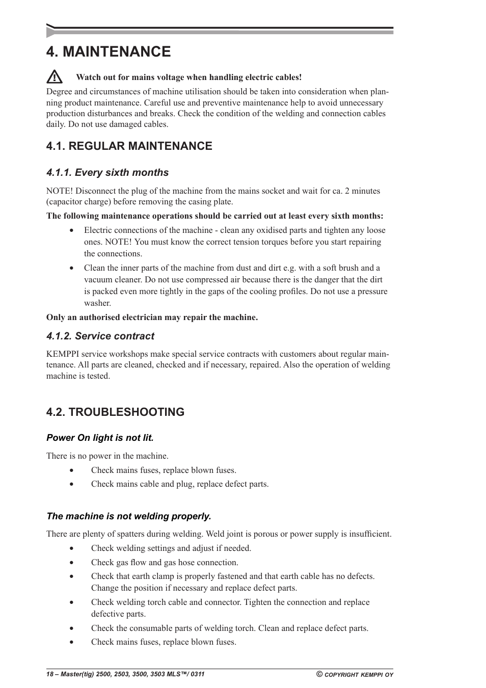 Maintenance, Regular maintenance, Troubleshooting | Every sixth months, Service contract | Kemppi Mastercool 12 User Manual | Page 18 / 23